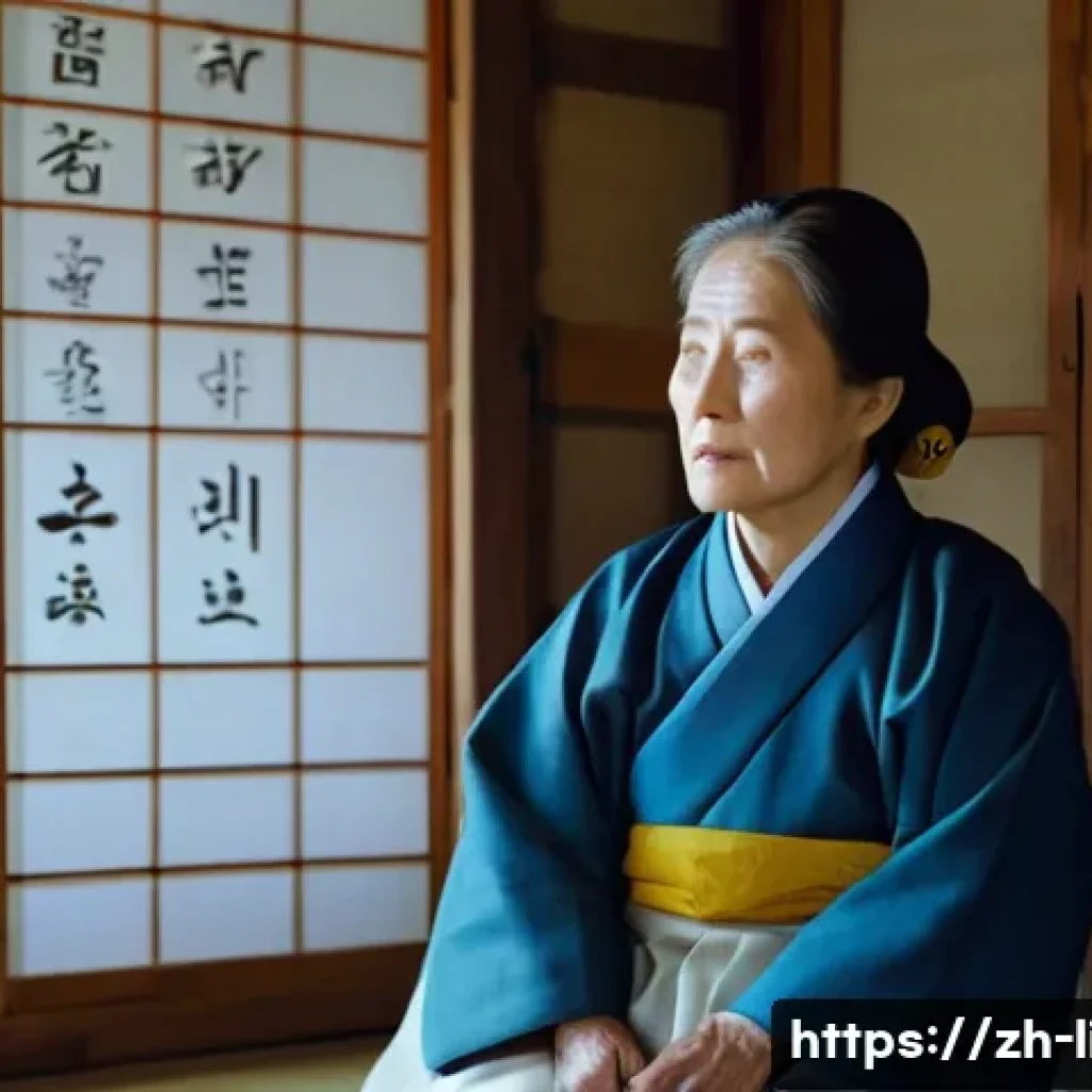 조선시대 언어 변화 - An elderly Korean woman, wearing a traditional hanbok dress with modest coverage, sits in a humble, ...