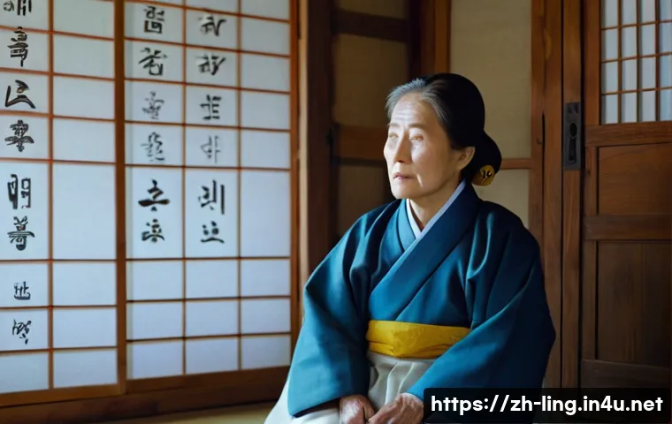 조선시대 언어 변화 - An elderly Korean woman, wearing a traditional hanbok dress with modest coverage, sits in a humble, ...