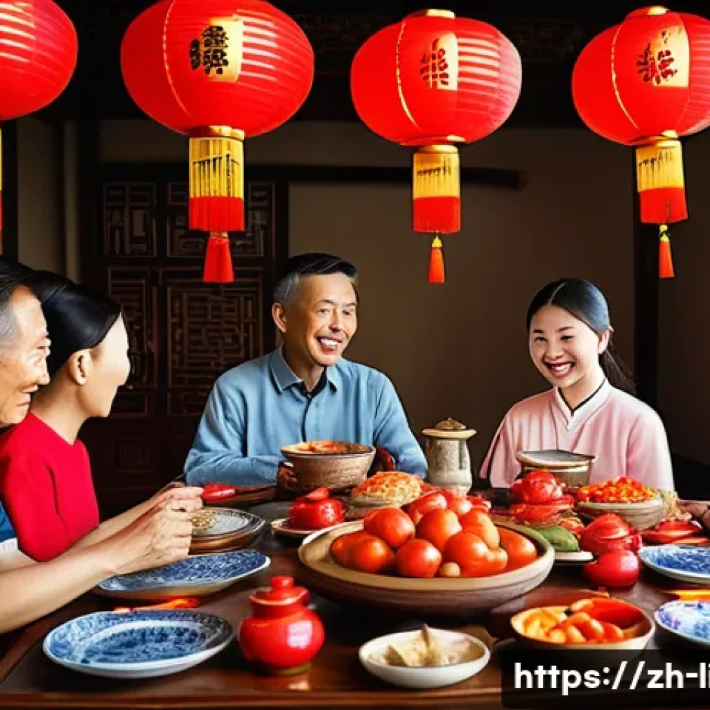 화자의 정체성 - A warm family scene in a traditional Chinese household during a vibrant cultural festival, with mult...