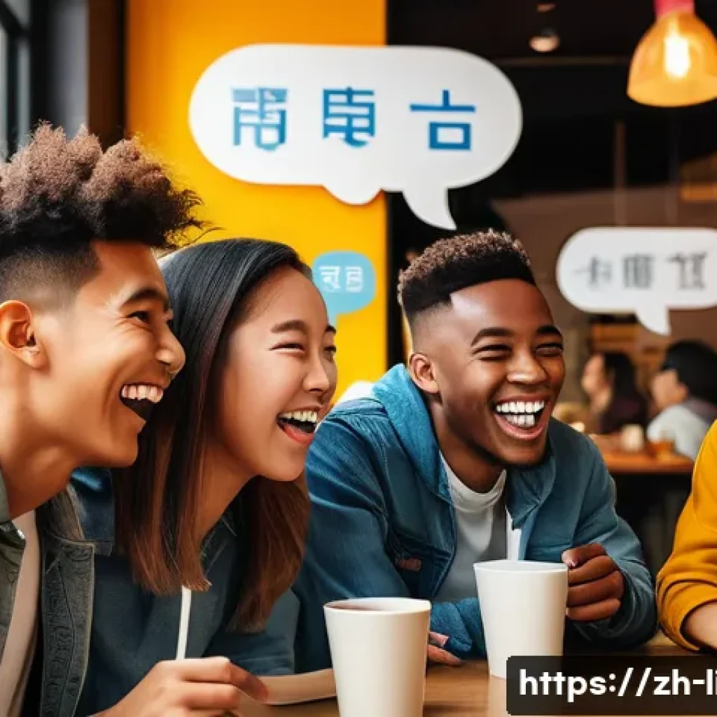 언어와 유머 연구 - A vibrant illustration of a multicultural group of young adults laughing together in a cozy urban ca...