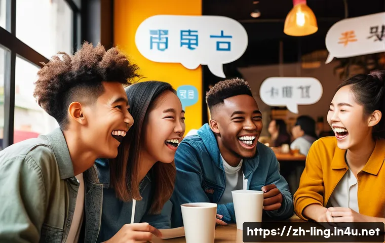 언어와 유머 연구 - A vibrant illustration of a multicultural group of young adults laughing together in a cozy urban ca...