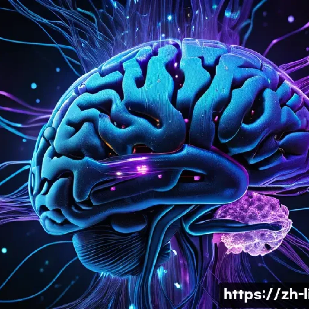 언어의 신경망 모델 - A highly detailed, futuristic neural network visualization inspired by the human brain, showing inte...