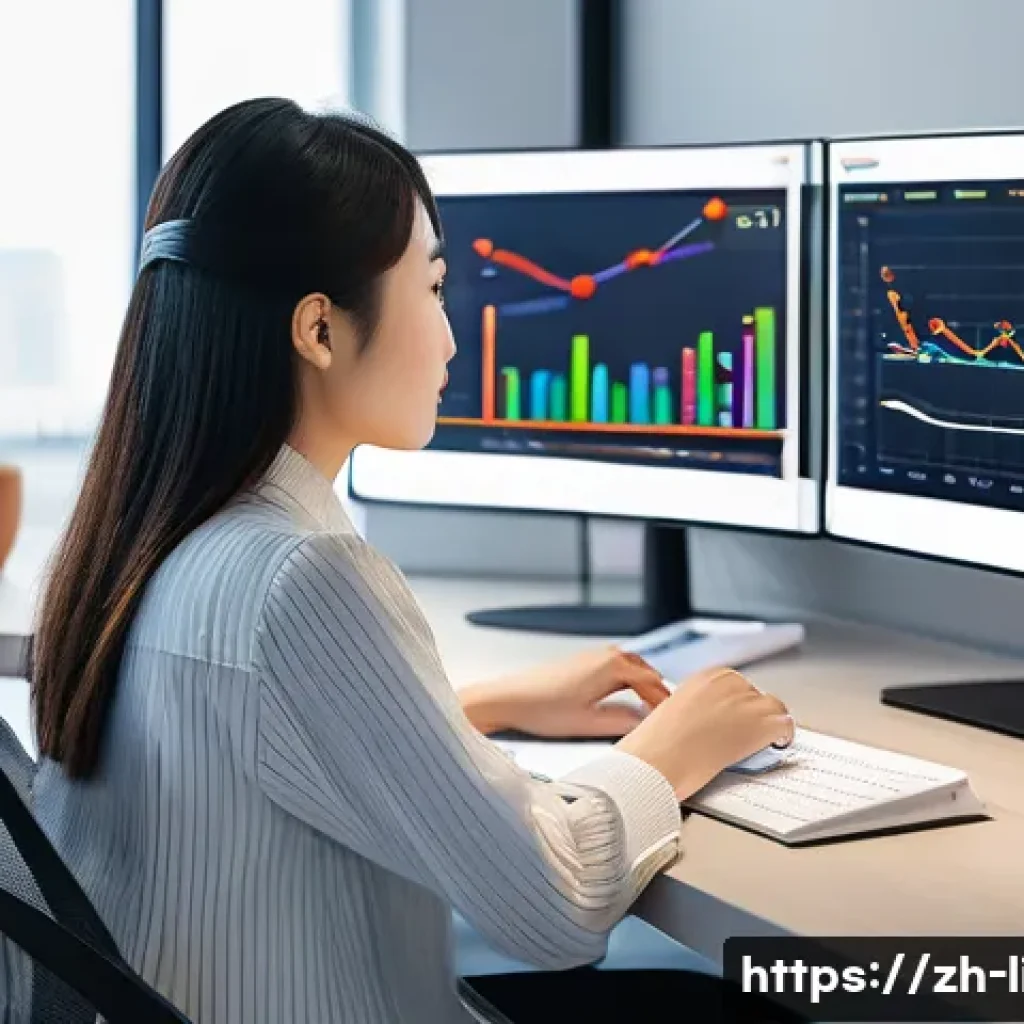 검색 쿼리 분석 - A modern office scene showing a young Chinese professional woman analyzing digital marketing data on...
