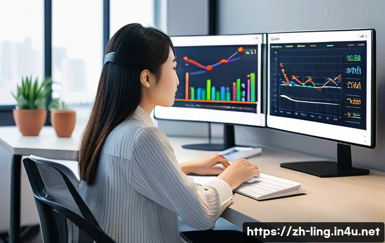 검색 쿼리 분석 - A modern office scene showing a young Chinese professional woman analyzing digital marketing data on...