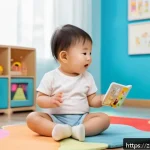 언어 재활 치료 - A warm and nurturing scene depicting a young child wearing a diaper sitting at a colorful playroom t...