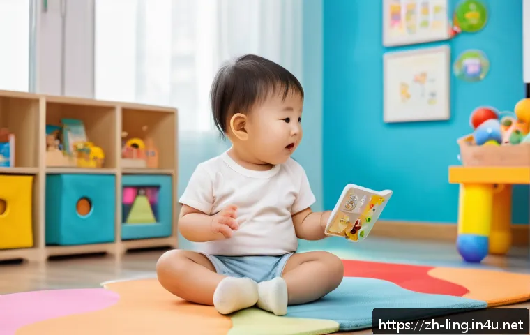언어 재활 치료 - A warm and nurturing scene depicting a young child wearing a diaper sitting at a colorful playroom t...