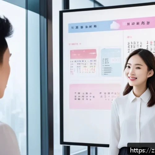 언어의 창의적 활용 - A modern Chinese office setting where a young professional woman is confidently giving a presentatio...