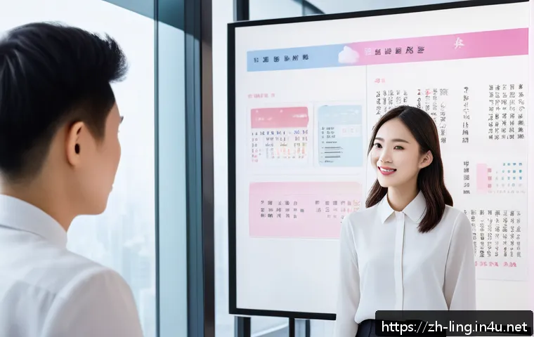 언어의 창의적 활용 - A modern Chinese office setting where a young professional woman is confidently giving a presentatio...