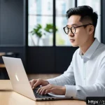 GPT 언어 생성 - A modern digital workspace scene featuring a young Chinese content creator using an AI-powered writi...