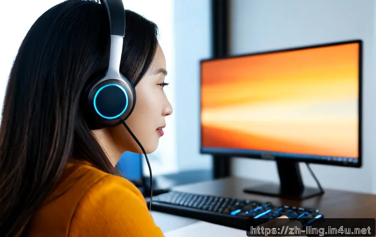 이중언어 처리 - Photorealistic close-up of a bilingual customer support specialist wearing a headset at a clean mode...