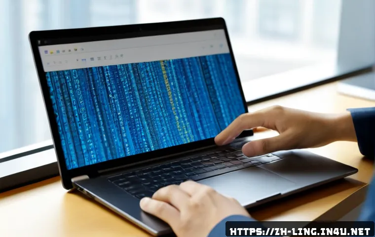 텍스트 감성 분석 - Photorealistic close-up of a modern analyst workspace, hands using a laptop displaying abstract flow...