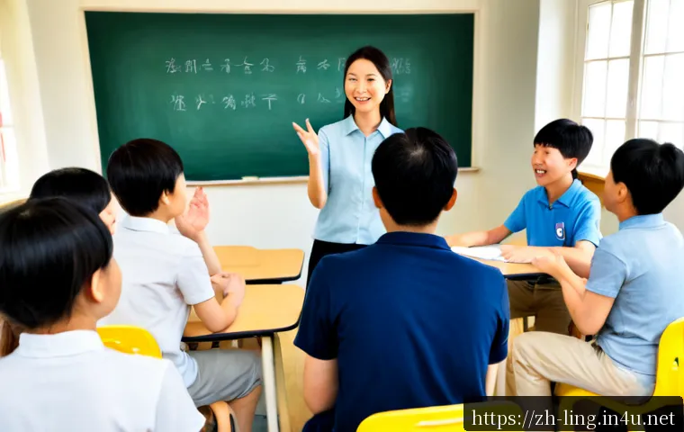 TESOL 교수법 - Photorealistic TESOL classroom scene, experienced English teacher facilitating a lively communicativ...